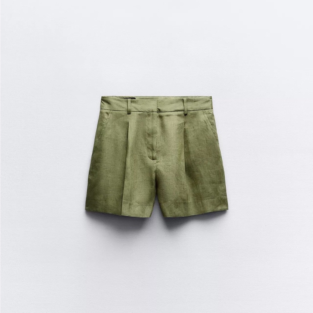Olive green Zara rise blend linen shorts XS